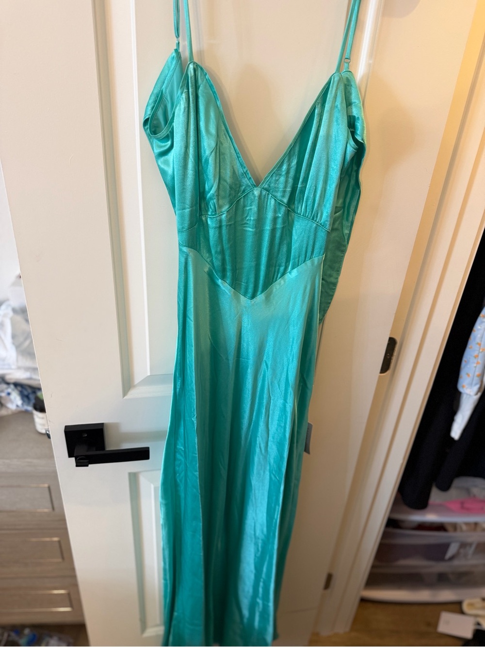 Bardot Turquoise Satin Slip with V-Neck and Adjustable Straps